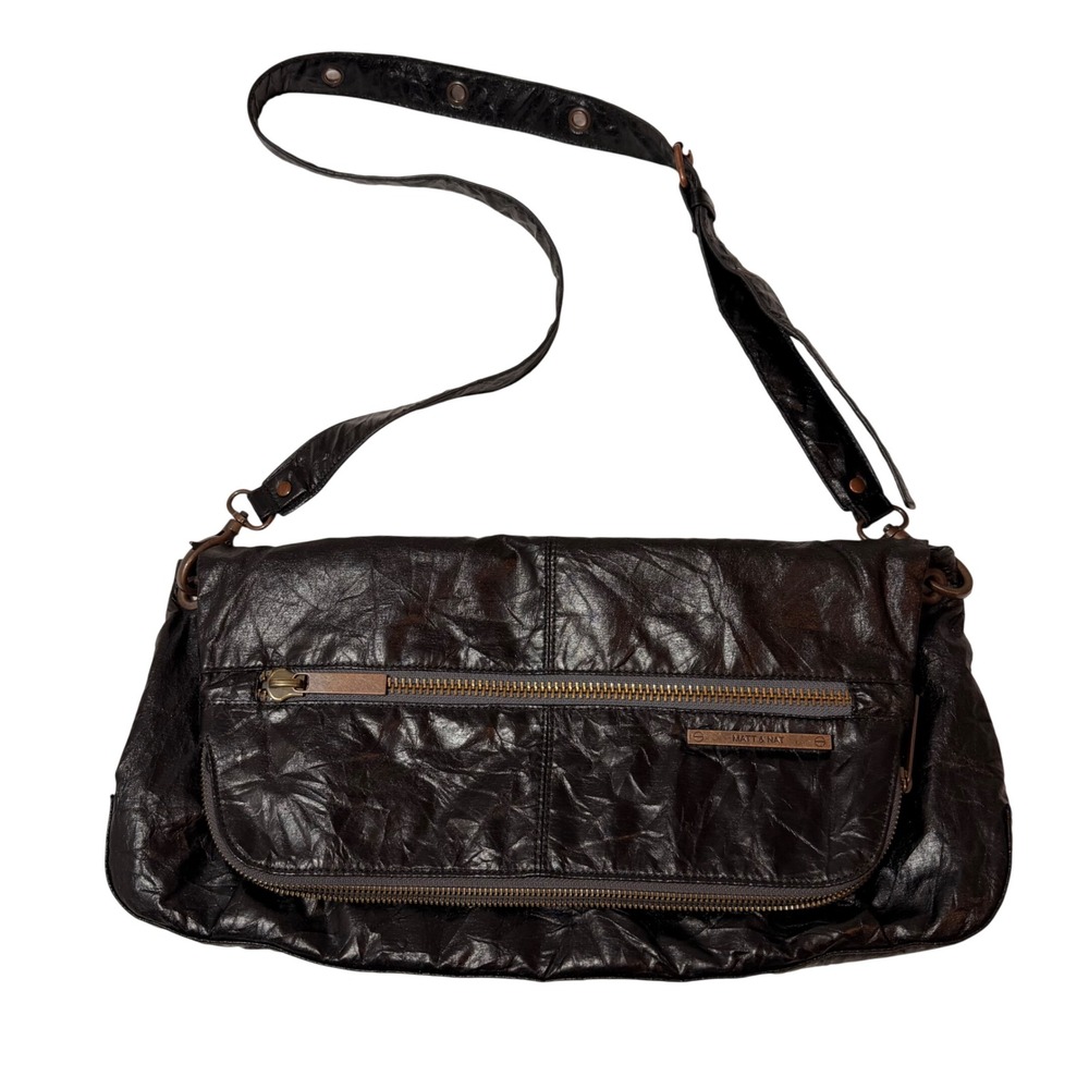 Vintage Matt and Nat Black Crinkle Shoulder Bag Crossbody Brass Metal